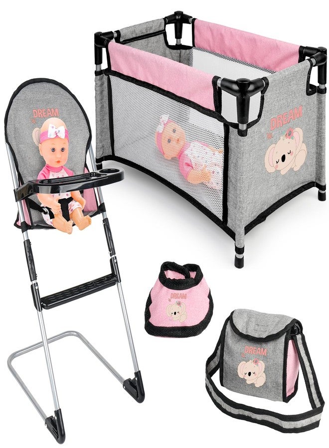 deAO Baby Doll Accessories Baby Doll Playset Furniture Set Baby Doll Crib High Chair Diaper Bag Nursery Playset Pretend Play Role Play Set Christmas Birthday Gifts for Kids Girls Boys - Image 2
